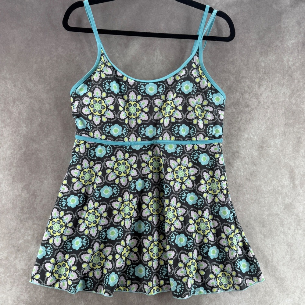 Floral Medallion Empire Waist Swim Dress Top Teal Green XXL Adjustable Straps